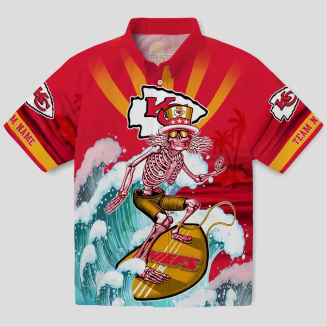 Kansas City Chiefs Red Blue Hawaiian Shirt, Surfing Skeleton Beach Vacation Wear