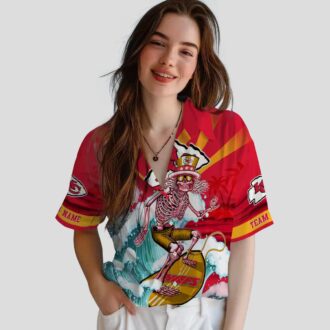 Kansas City Chiefs Red Blue Hawaiian Shirt, Surfing Skeleton Beach Vacation Wear