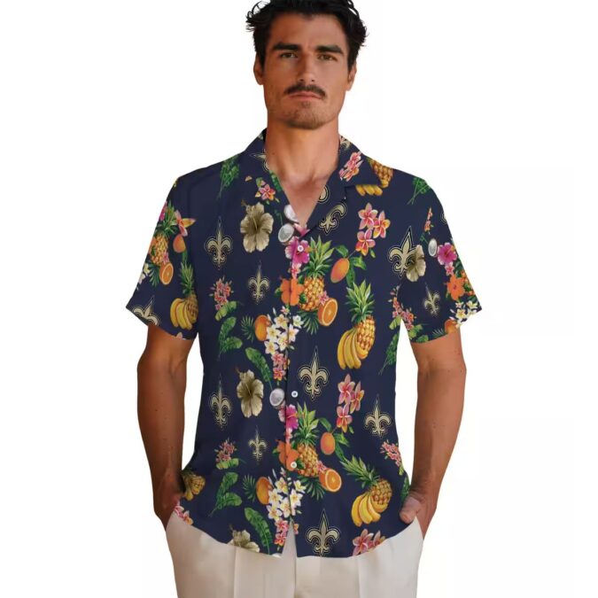 New Orleans Saints Aloha Hawaiian Shirt – Navy Blue Tropical Hibiscus & Fruit Print