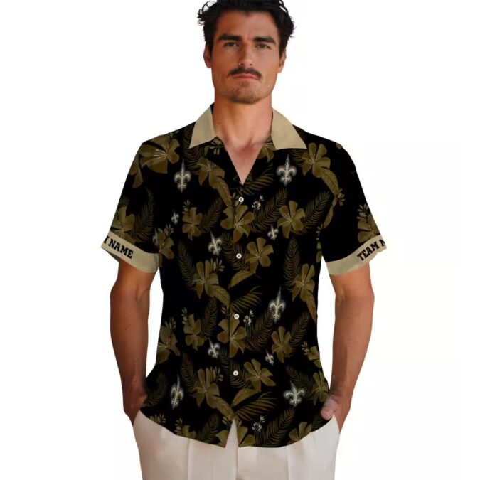 New Orleans Saints Botanical Print Hawaiian Shirt, Custom Black Aloha Outfit