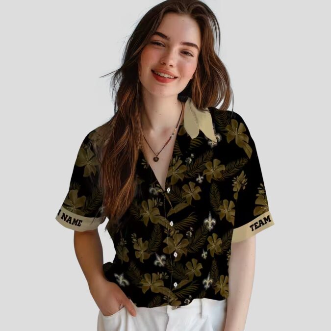 New Orleans Saints Botanical Print Hawaiian Shirt, Custom Black Aloha Outfit
