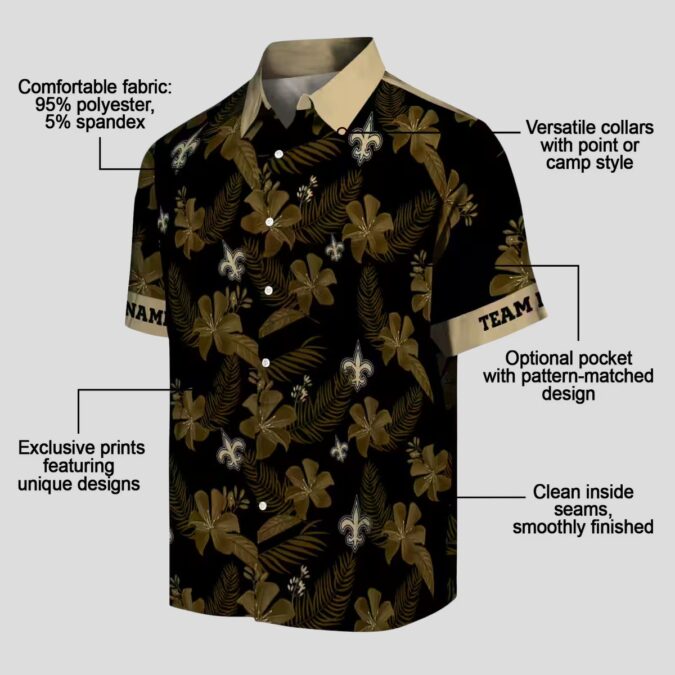 New Orleans Saints Botanical Print Hawaiian Shirt, Custom Black Aloha Outfit