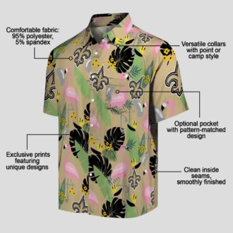New Orleans Saints Flamingo Hawaiian Shirt, Gold Leaf Summer Fan Outfit