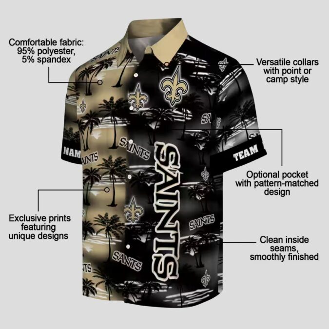 New Orleans Saints Hawaiian Aloha Shirt, Gold Palm Silhouette NFL Fan Edition