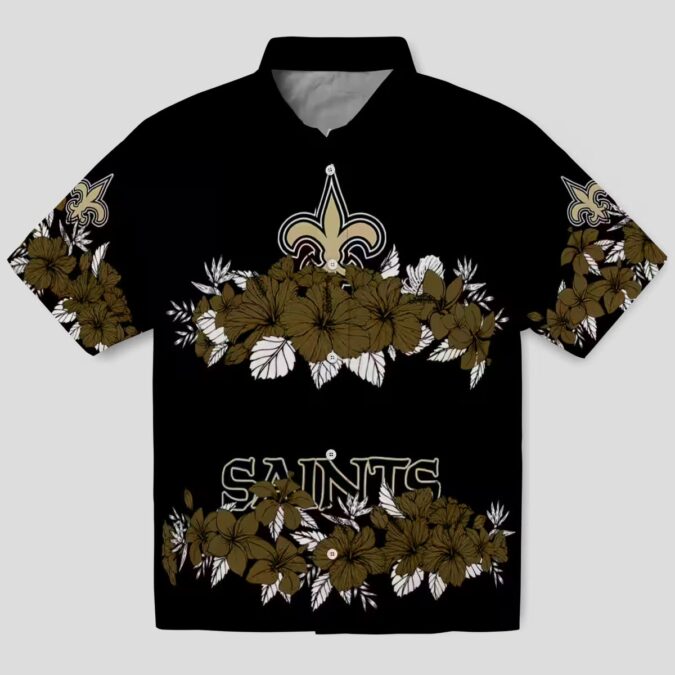 New Orleans Saints Hibiscus Stripe Hawaiian Shirt – Gold Black Theme Outfit