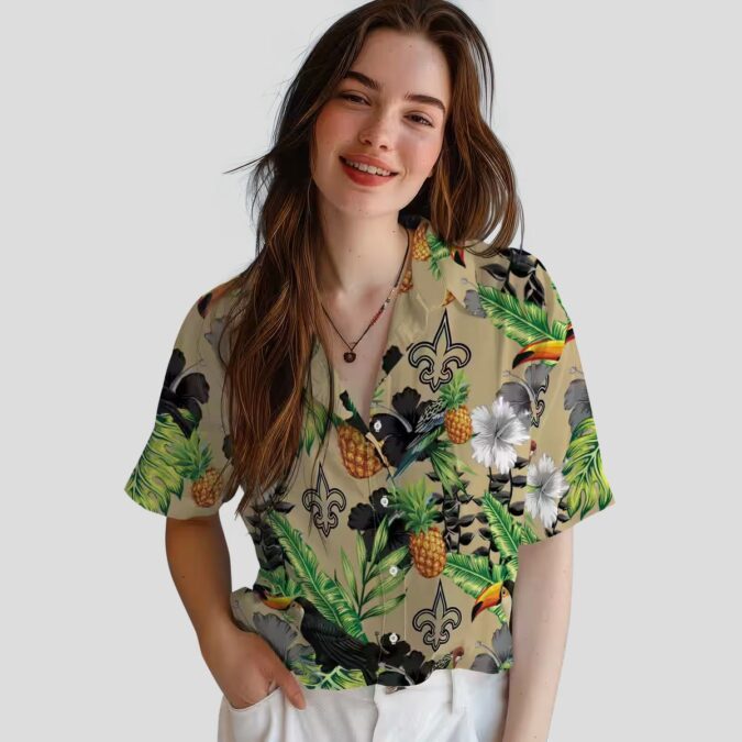 New Orleans Saints NFL Hawaiian Shirt, Pineapple Toucan Hibiscus Gold Green Shirt