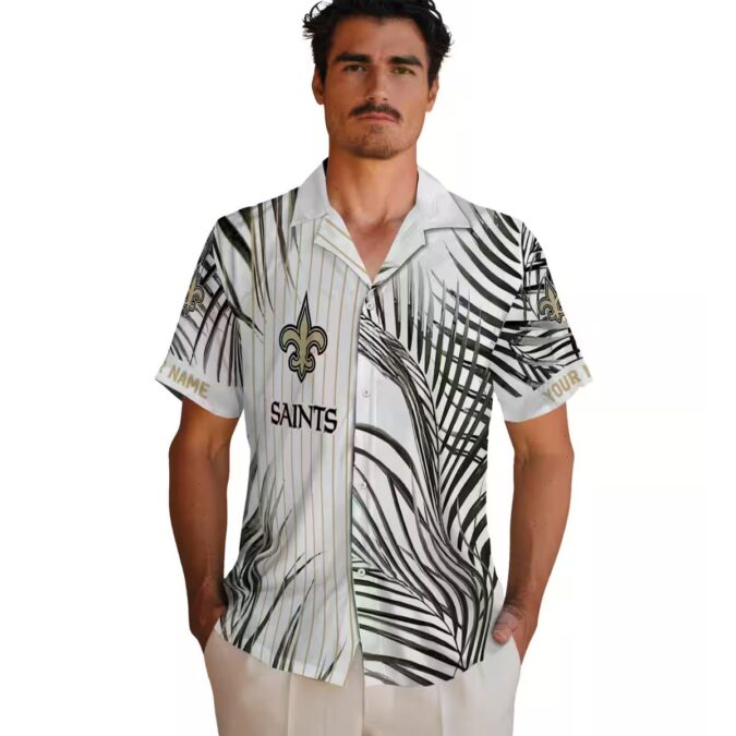New Orleans Saints Palm Print Hawaiian Shirt – Black Gold Stripes, Fast Shipping USA
