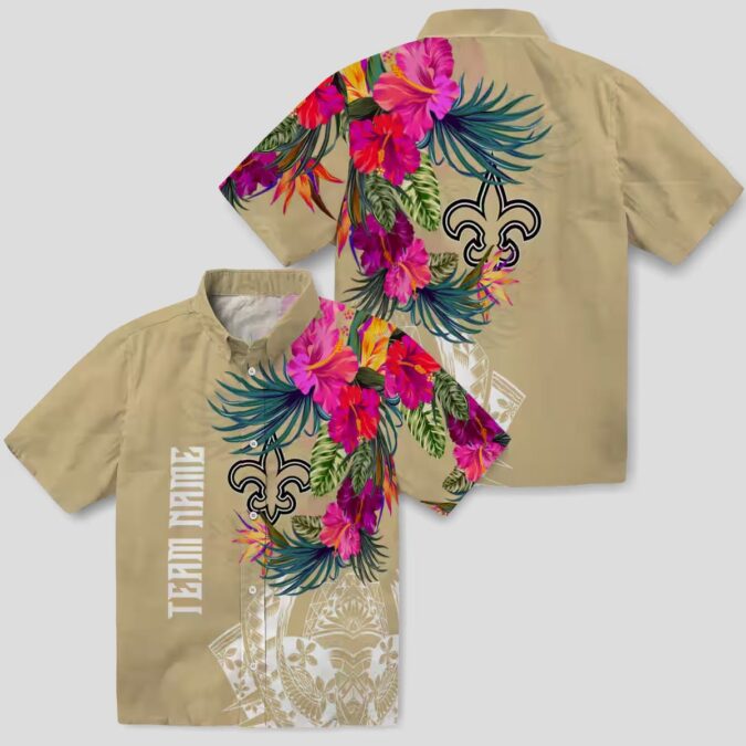 New Orleans Saints Polynesian Gold Shirt, Tropical Floral Hawaiian NFL Apparel