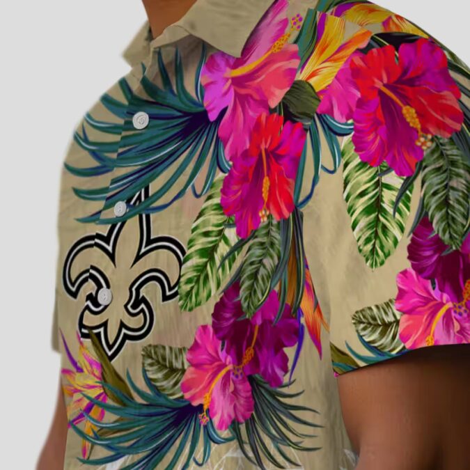 New Orleans Saints Polynesian Gold Shirt, Tropical Floral Hawaiian NFL Apparel