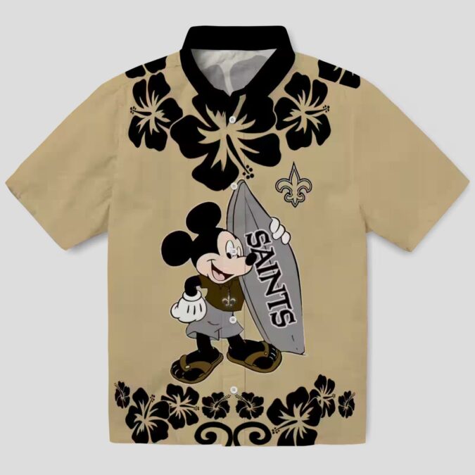 New Orleans Saints Surfing Mickey Gold Hawaiian Shirt, Tropical NFL Fan Outfit
