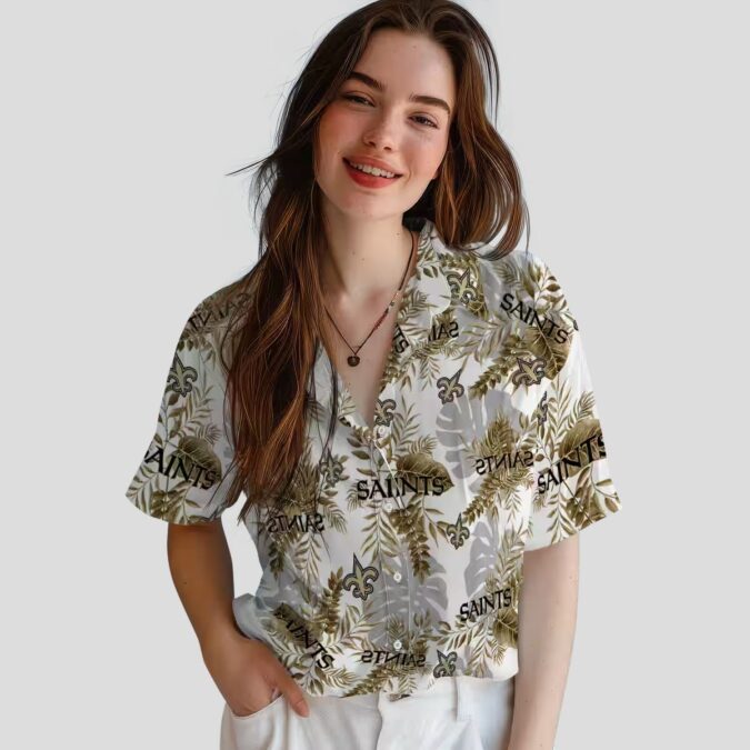 New Orleans Saints Tropical Shirt, Gold & White Leaves Aloha NFL Fan Clothing
