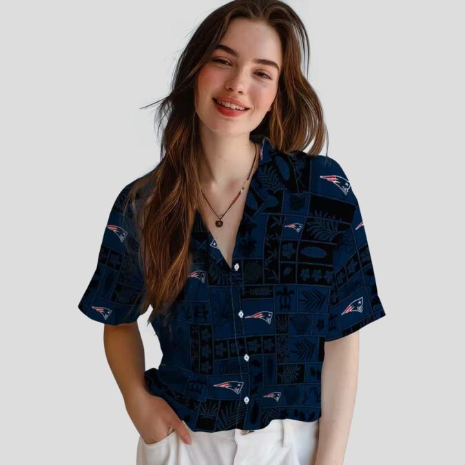 New England Patriots Patchwork Hawaiian Shirt, Blue & Black NFL Apparel