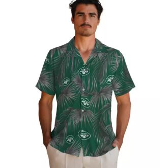 New York Jets Hibiscus Floral Hawaiian Shirt - Green Leafy Palms Print