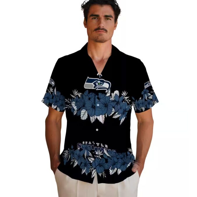 Seattle Seahawks Hibiscus Stripe Aloha Shirt – Blue Black Hawaiian Style