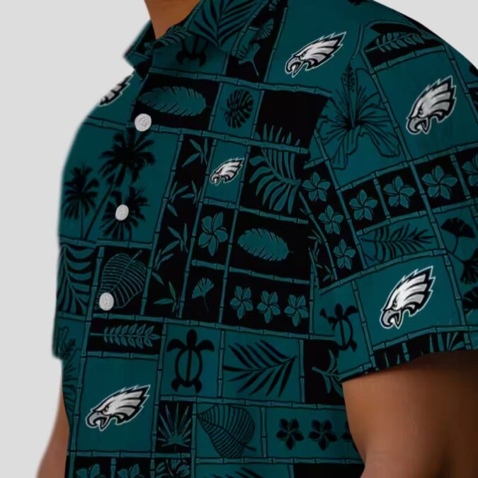 NFL Philadelphia Eagles Patchwork Hawaiian Shirt – Green & Black Tropical Floral Style