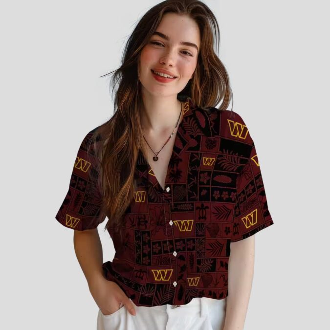 NFL Washington Commanders Hawaiian Shirt – Tropical Aloha Patchwork in Burgundy & Black