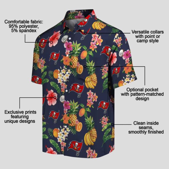 Tampa Bay Buccaneers Hawaiian Button Up Shirt, Hibiscus & Fruit Navy Blue NFL Fan Gear