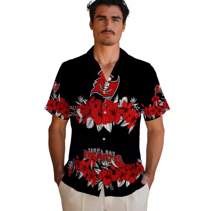 Tampa Bay Buccaneers Hibiscus Stripe Hawaiian Shirt, NFL Red Black Beach Summer Shirt