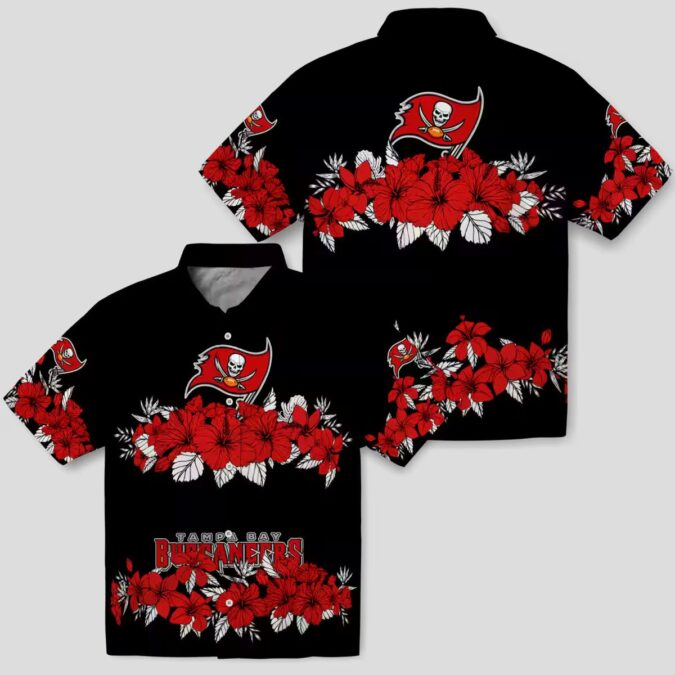 Tampa Bay Buccaneers Hibiscus Stripe Hawaiian Shirt, NFL Red Black Beach Summer Shirt