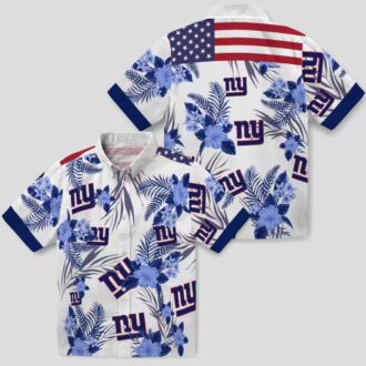 New York Giants Floral Hawaiian Button Up Shirt, Patriotic Hibiscus Print Beach Outfit