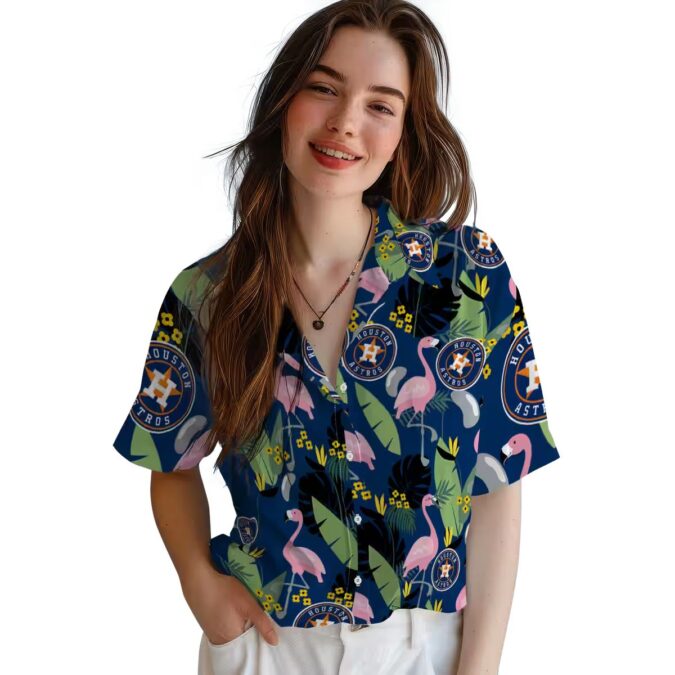 Houston Astros Blue Hawaiian Shirt with Flamingo Leaves – Tropical MLB Fan Apparel