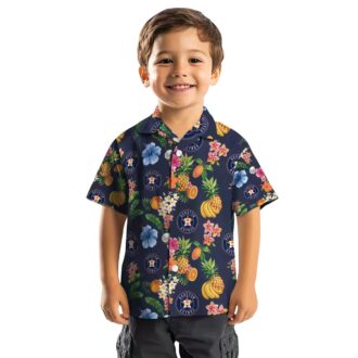 Official Houston Astros Navy Blue Hawaiian Shirt - Hibiscus and Tropical Fruit Print for Summer