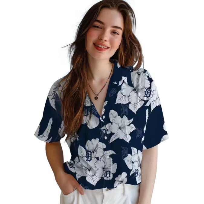 Detroit Tigers MLB Tropical Theme Hawaiian Shirt – Hibiscus Blooms Navy White for Vacation