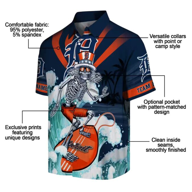 Detroit Tigers Surfing Skeleton Hawaiian Shirt – Custom Navy Blue MLB Beach Apparel