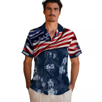MLB Detroit Tigers US Flag Hibiscus Navy Hawaiian Shirt - Custom Aloha Tropical Shirt for Baseball Fans