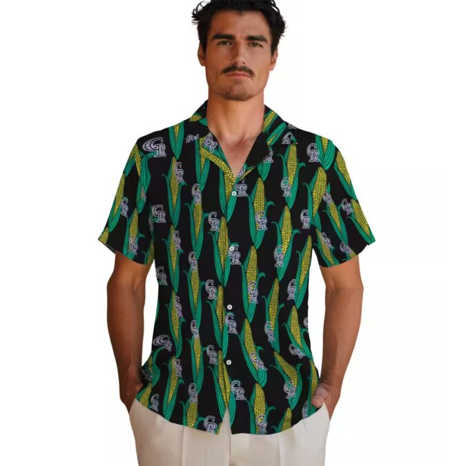 Tropical Colorado Rockies Hawaiian Shirt with Corn Motifs – Black Green MLB Summer Apparel