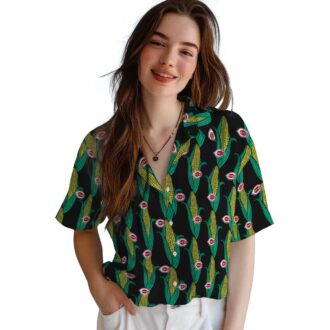 Cincinnati Reds Corn Motifs Hawaiian Shirt - Black & Green MLB Baseball Shirt for Fans