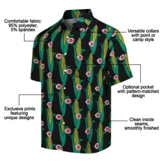 Cincinnati Reds Corn Motifs Hawaiian Shirt - Black & Green MLB Baseball Shirt for Fans