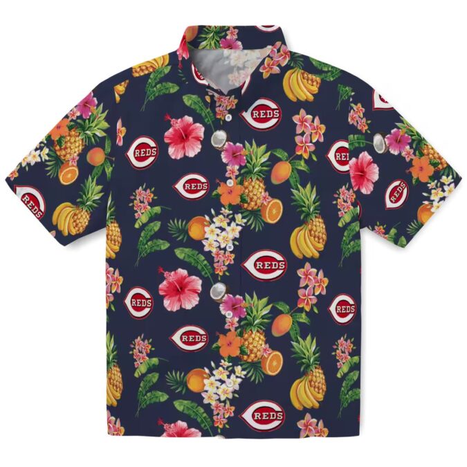 Cincinnati Reds Hibiscus and Fruit Navy Blue Hawaiian Shirt – MLB Fan Gear for Summer