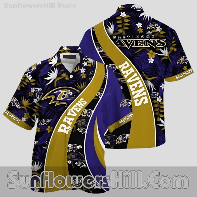 Baltimore Ravens Gold Floral Print Casual Shirt for Football Fans and Summer Travel