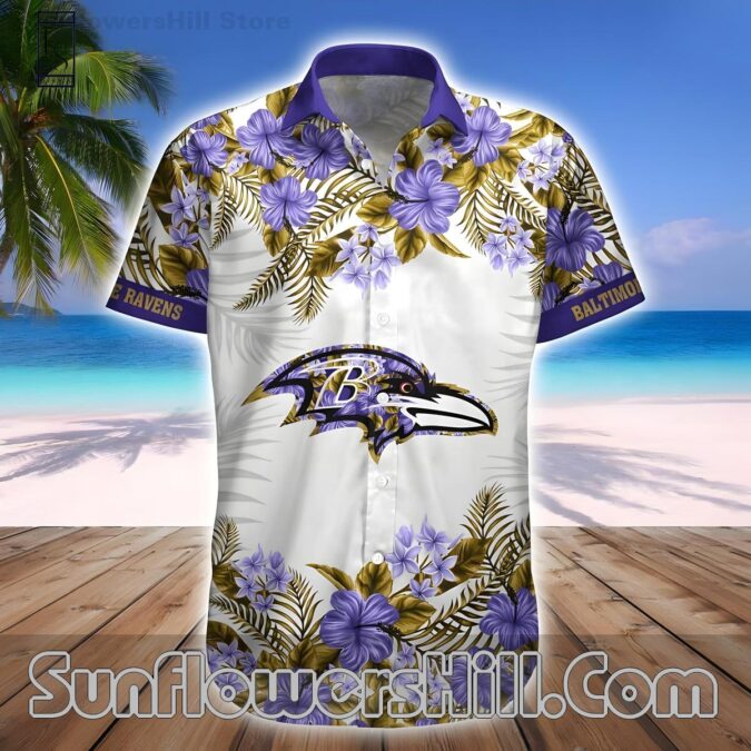 Baltimore Ravens Purple Hibiscus Hawaiian Shirt for Beach Days and Backyard BBQs