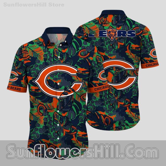 Trendy Chicago Bears Jungle Leaf Button Up Shirt for Beach Days Trendy Chicago Bears Jungle Leaf Button Up Shirt for Beach Days