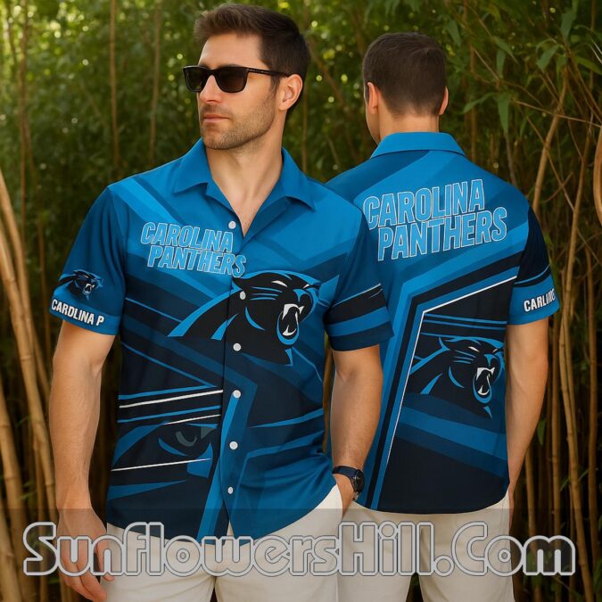 Carolina Panthers Blue Graphic Button Up Shirt for Tailgate Style Carolina Panthers Blue Graphic Button Up Shirt for Tailgate Style