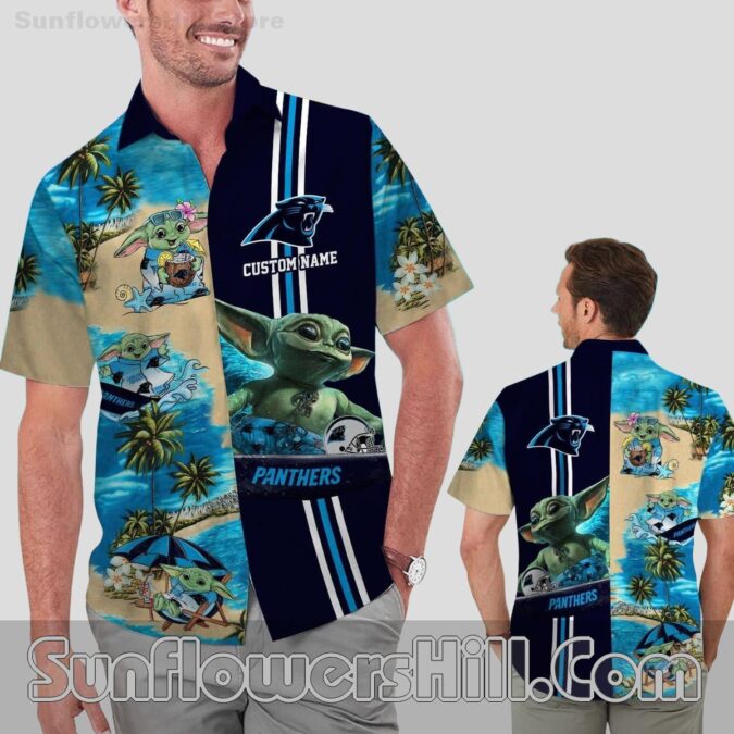 Custom Name Carolina Panthers Baby Yoda Hawaiian Shirt for Beach Loving Fans Custom Name Carolina Panthers Baby Yoda Hawaiian Shirt for Beach Loving Fans