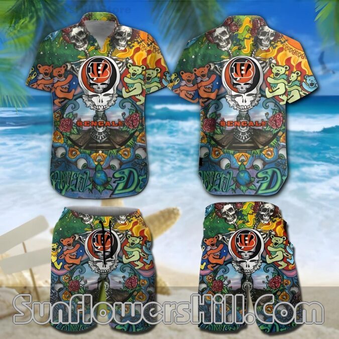 Cincinnati Bengals Grateful Dead Bear Shirt and Shorts Set for Festival Fans Cincinnati Bengals Grateful Dead Bear Shirt and Shorts Set for Festival Fans