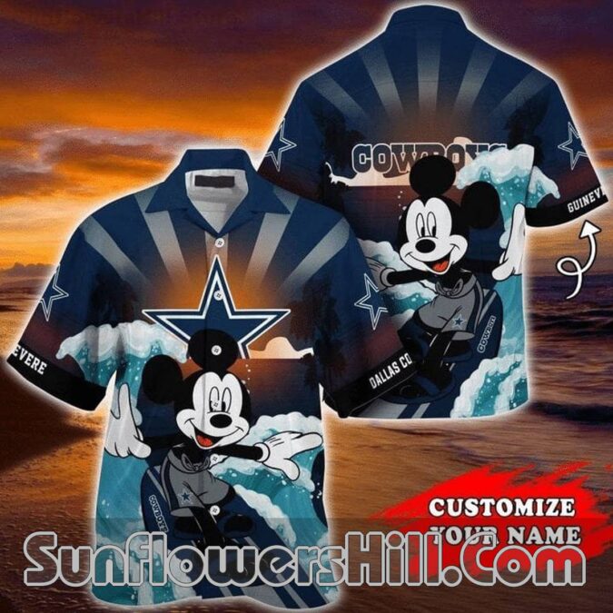 Dallas Cowboys Custom Name Surfing Mickey Button Down Shirt for Summer Fun