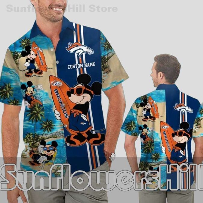 Custom Denver Broncos Mickey Surfboard Hawaiian Shirt for Summer Beach Trips