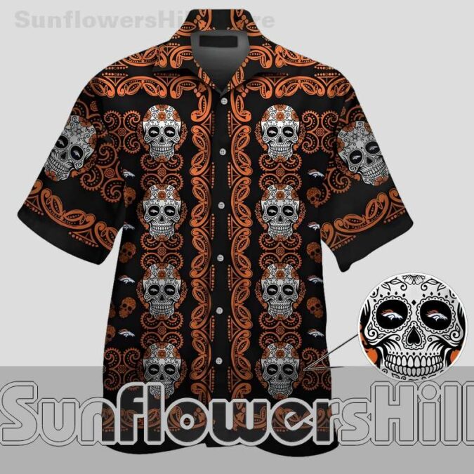 Denver Broncos Day of the Dead Skull Print Casual Shirt for Tailgate Parties Denver Broncos Day of the Dead Skull Print Casual Shirt for Tailgate Parties