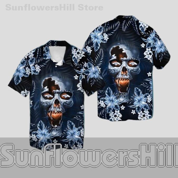 Denver Broncos Gothic Skull Print Short Sleeve Casual Shirt for Tailgate Parties