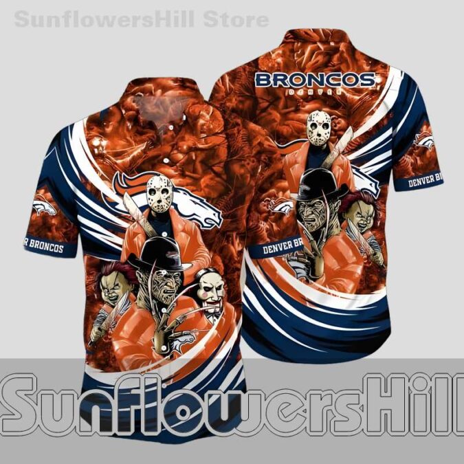 Denver Broncos Horror Character Print Button Up Shirt for Halloween Gift