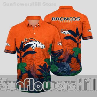 Denver Broncos Navy Green Leaf Short Sleeve Hawaiian Shirt for Tailgate Crew