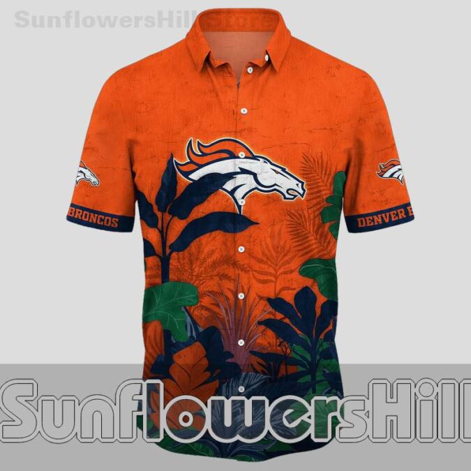 Denver Broncos Navy Green Leaf Short Sleeve Hawaiian Shirt for Tailgate Crew