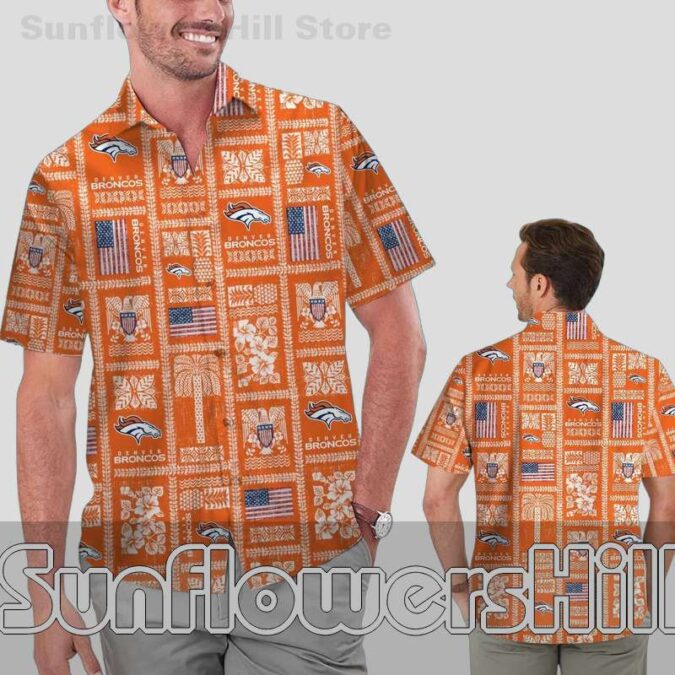 Denver Broncos Orange Patchwork Hawaiian Shirt for Summer Game Day Fans Denver Broncos Orange Patchwork Hawaiian Shirt for Summer Game Day Fans