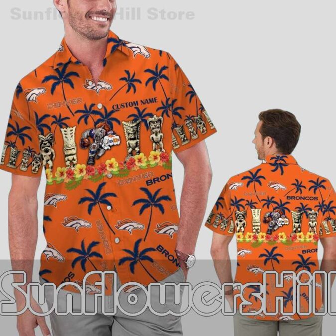 Denver Broncos Orange Tiki Tropical Casual Short Sleeve Shirt for Summer Beach Parties Denver Broncos Orange Tiki Tropical Casual Short Sleeve Shirt for Summer Beach Parties