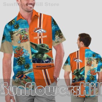 Denver Broncos Palm Tree Beach Baby Yoda Button Up Shirt for Summer Parties