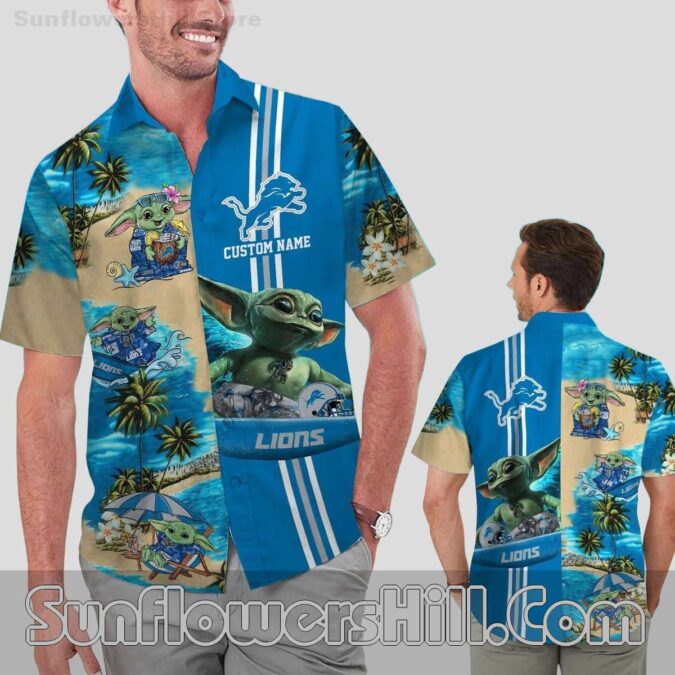 Detroit Lions Baby Yoda Name Personalized Short Sleeve Button Up Tropical Hawaiian Shirt